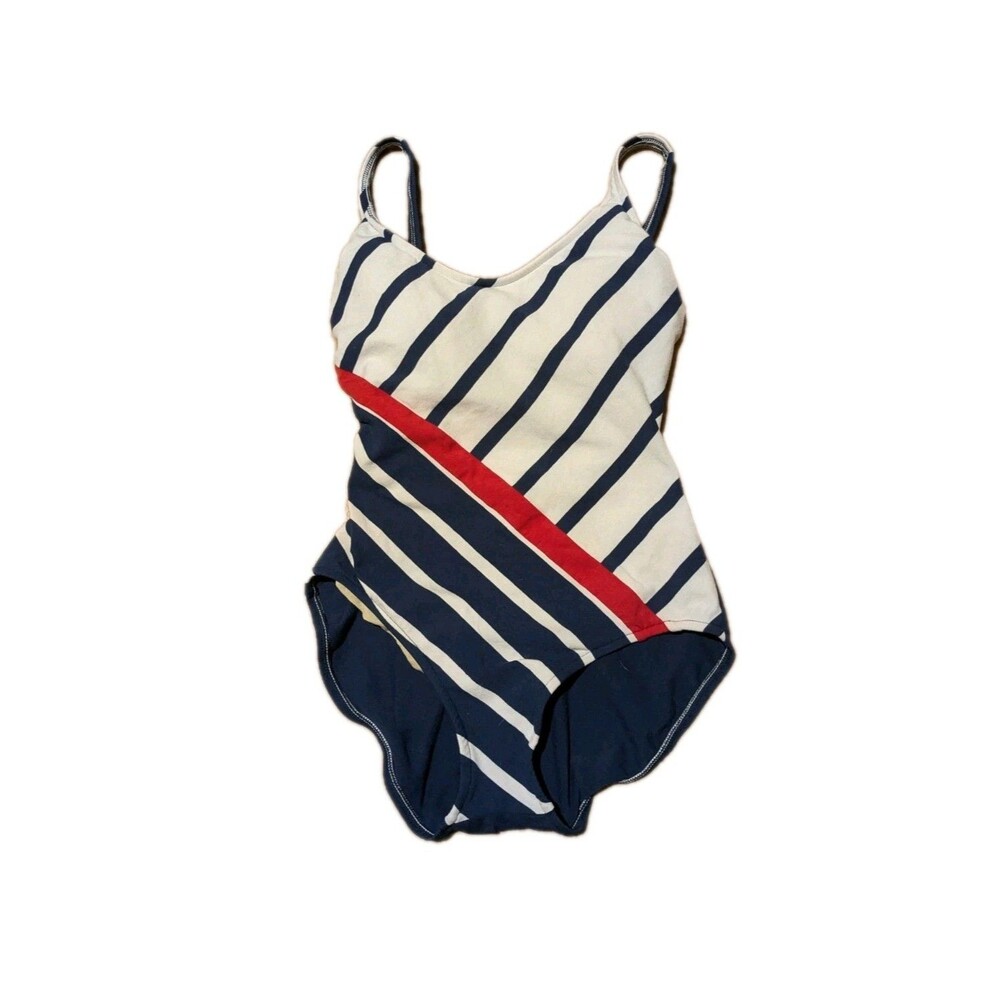 VTG Rose Marie Reid 1 Piece Cotton Blend Stripe Lined Swimsuit High Leg Low Back